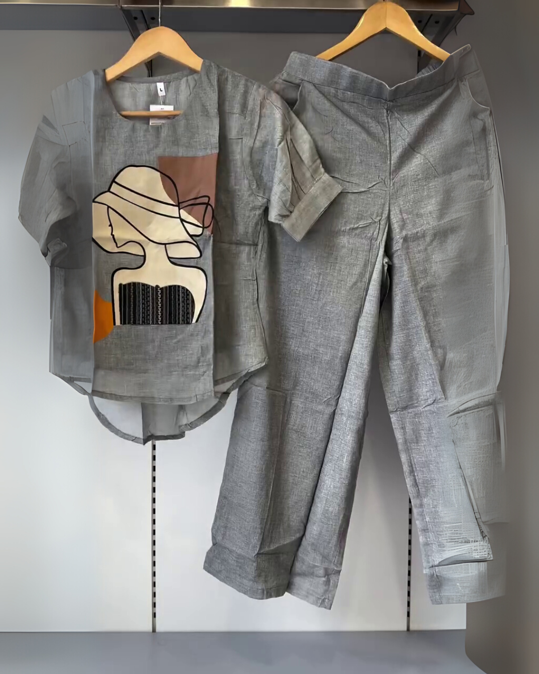 Aneesha Co-ord Set – Ash Grey Linen Blend with Abstract Lady Print