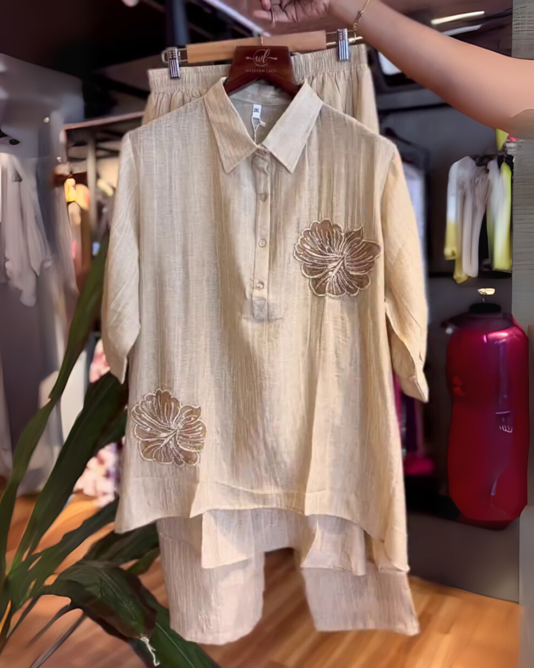 Miraana - Beige Twin Set in Chanderi Silk