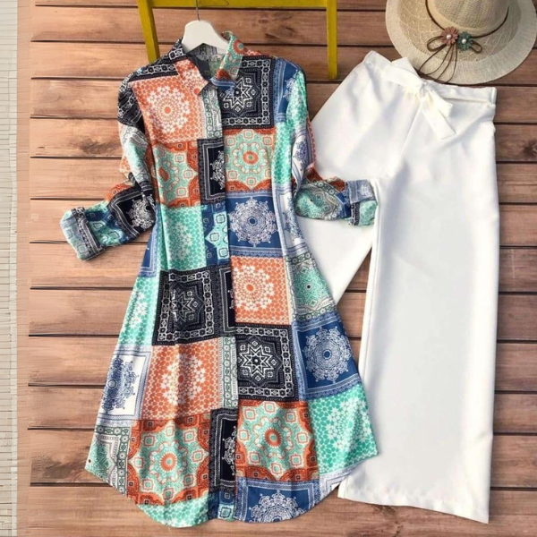 Multi-Color Tourquies Floral Printed Kurti With Palazzo