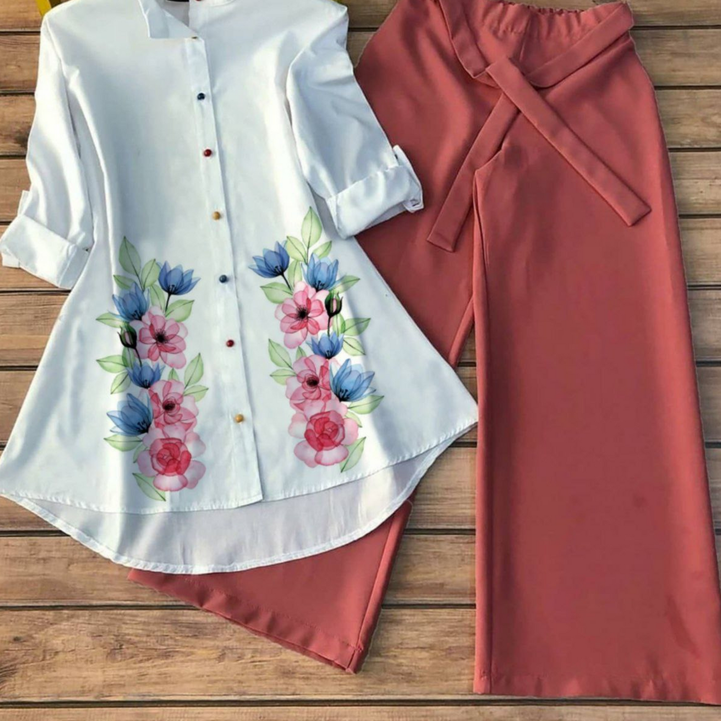 Blossom Rosewood - Women’s Floral Shirt & Wide-Leg Pant Set