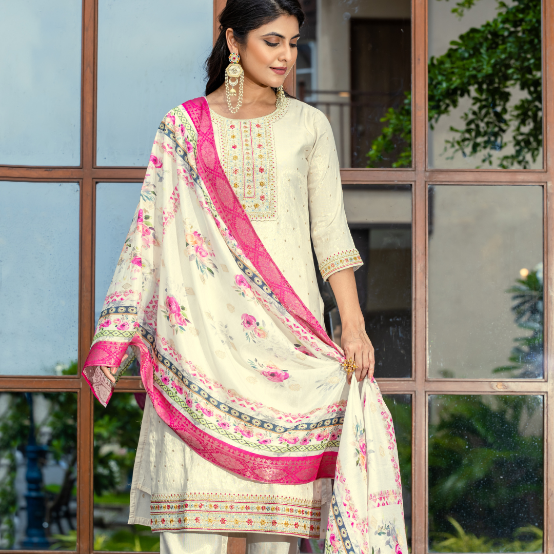 Ivory Embroidered Kurta Set with Pink Dupatta