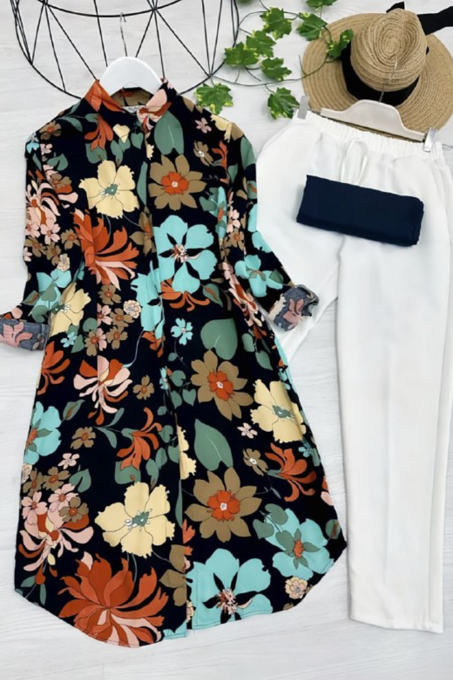 Fusion - Teal Charm - Floral Shirt & White Trousers Set
