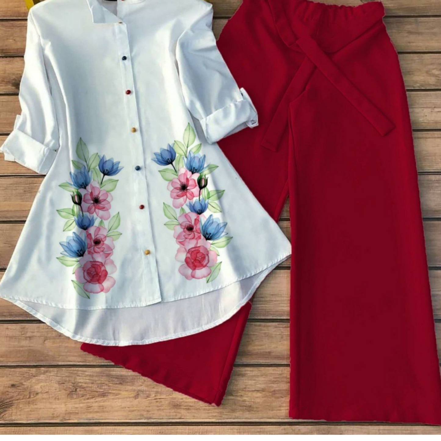 Blossom Crimson - Women’s Floral Shirt & Wide-Leg Pant Set