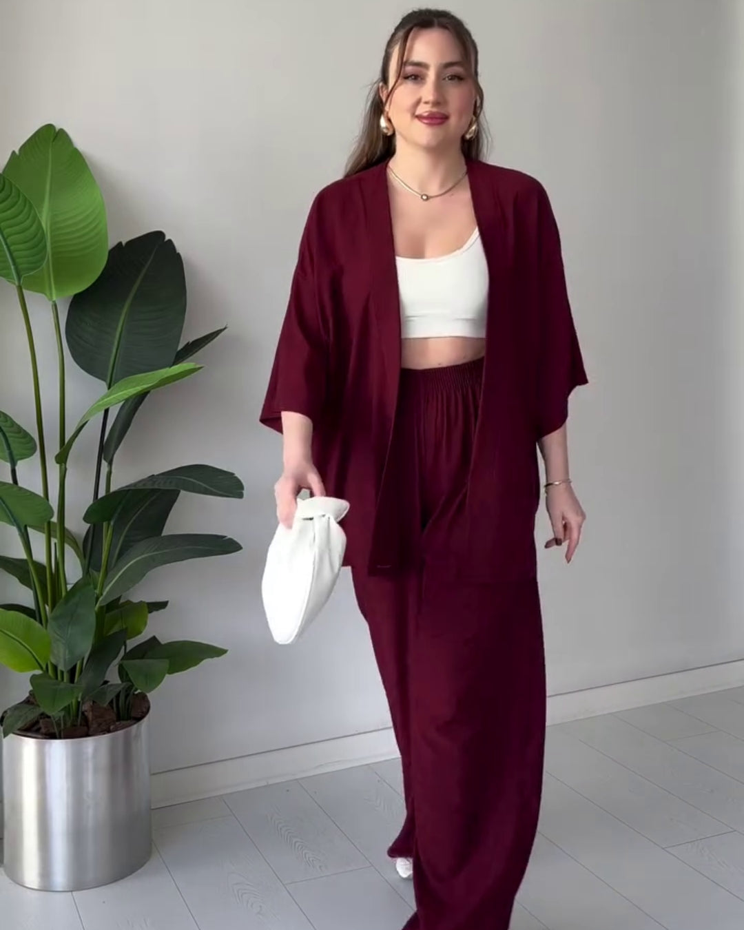 Amora - Wine Breezy Kimono Palazzo Co-Ord Set