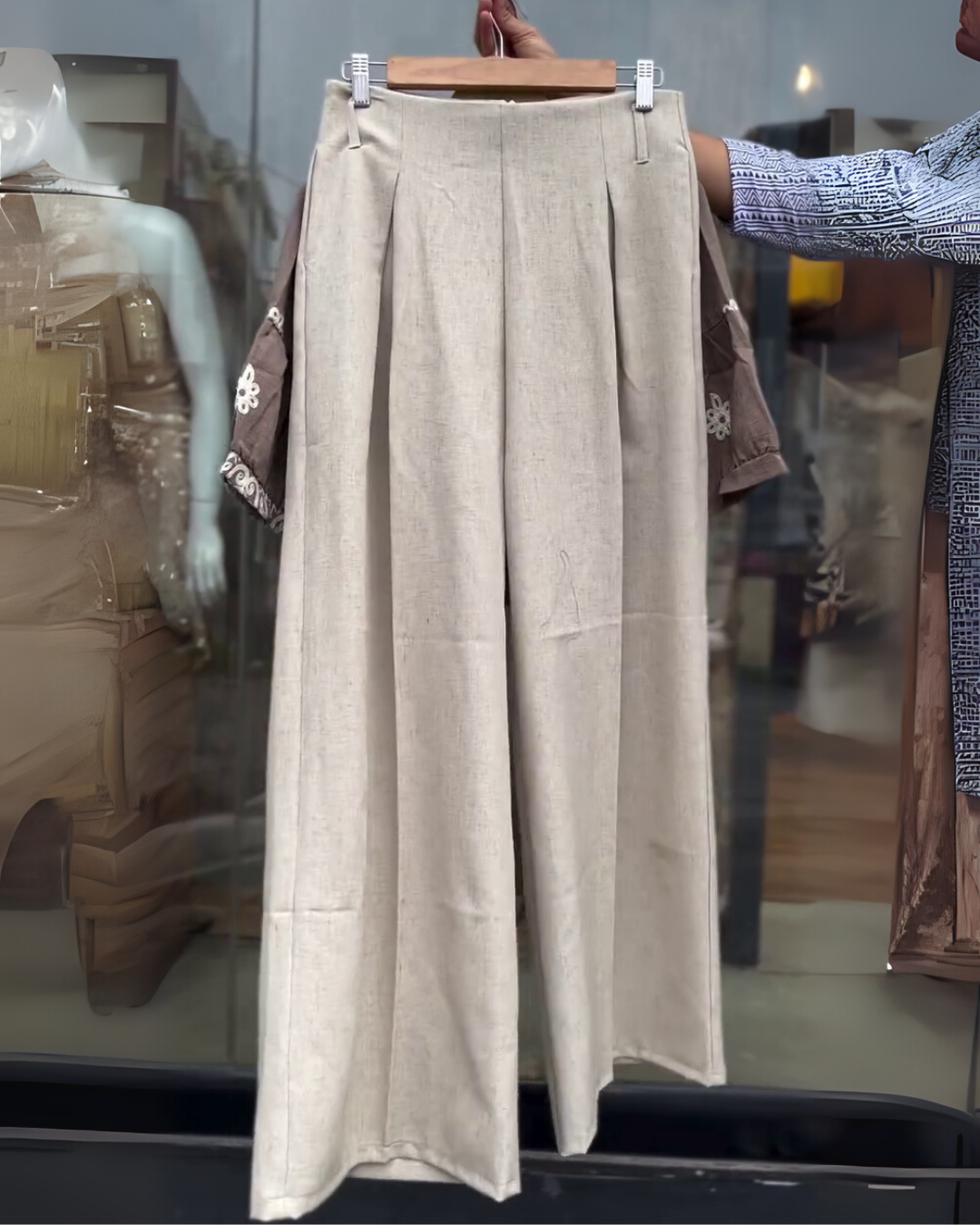 Veve – Mocha Embroidered Co-ord Set with Beige Wide-Leg Pants