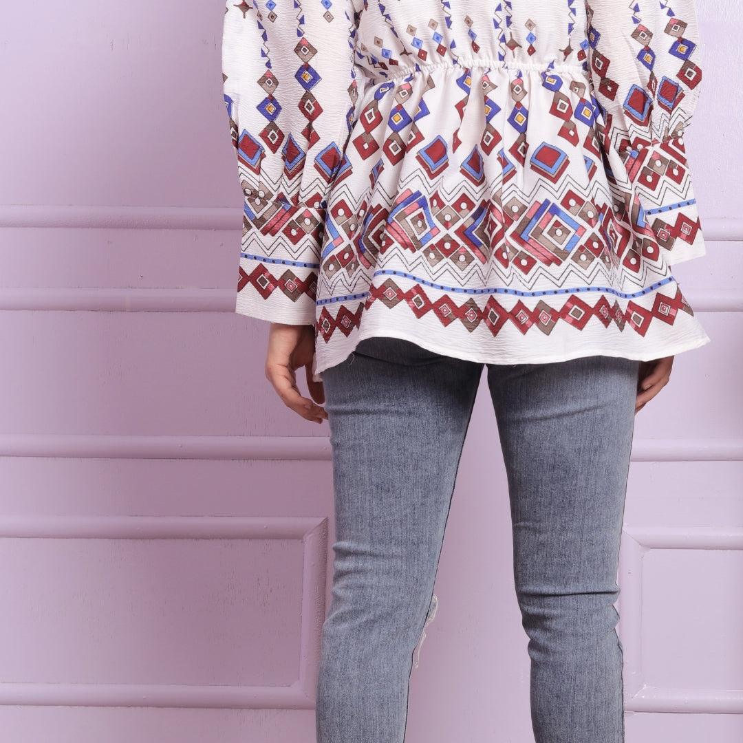Geometric Print Boho Tunic with Bell Sleeves