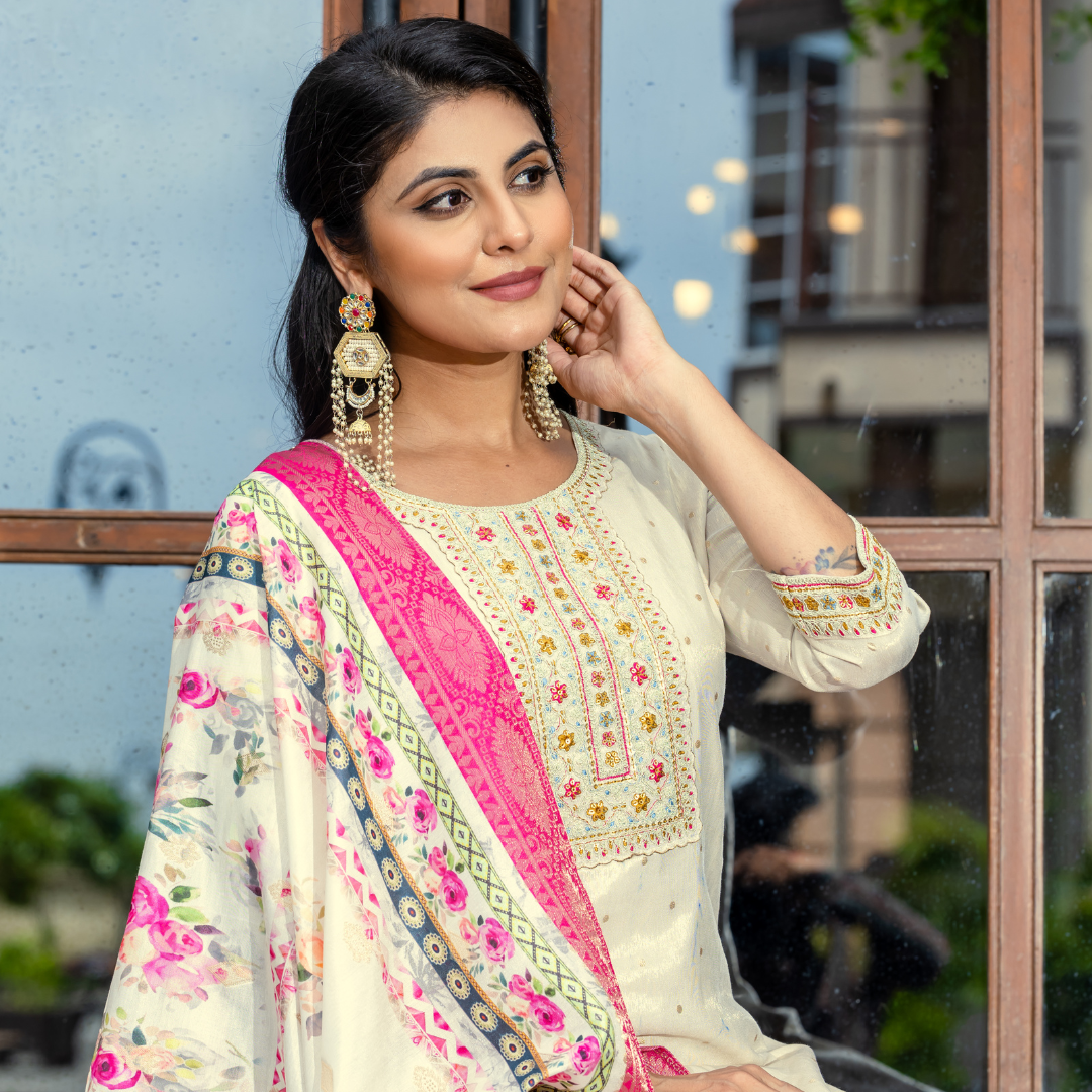 Ivory Embroidered Kurta Set with Pink Dupatta