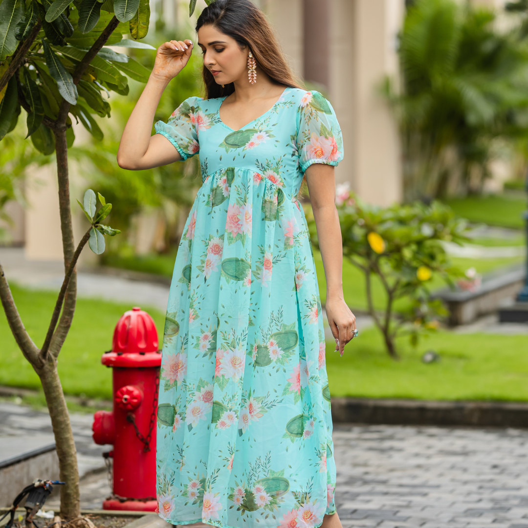 Pastel Blue Floral Empire Waist Dress Ceryn