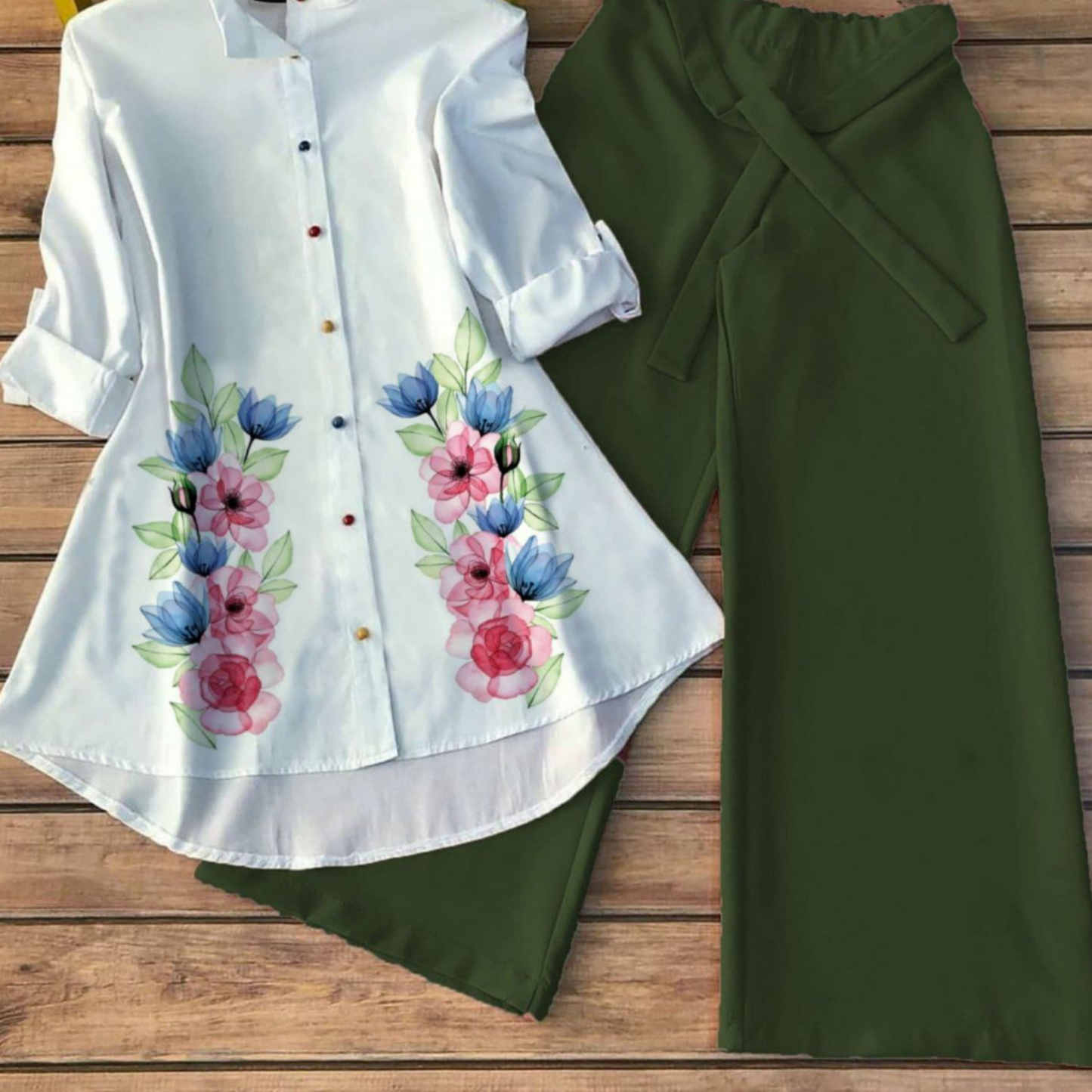 Blossom Verdant - Women’s Floral Shirt & Wide-Leg Pant Set