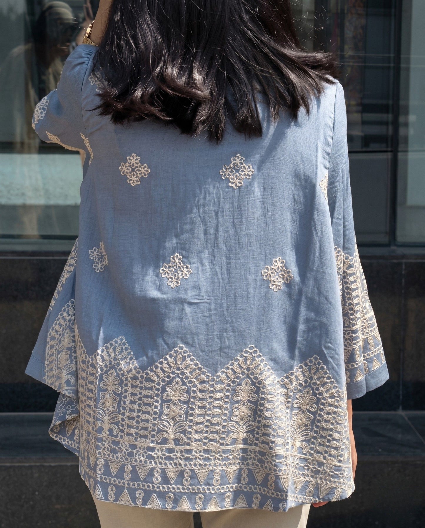 Zivo - Blue Chain Embroidered Premium Silk Blend Top With Pant