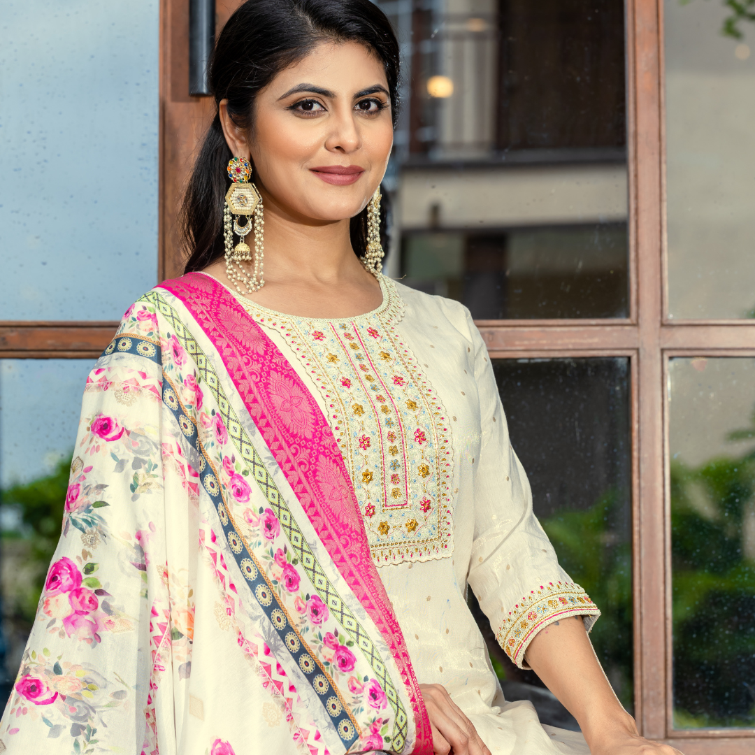 Ivory Embroidered Kurta Set with Pink Dupatta
