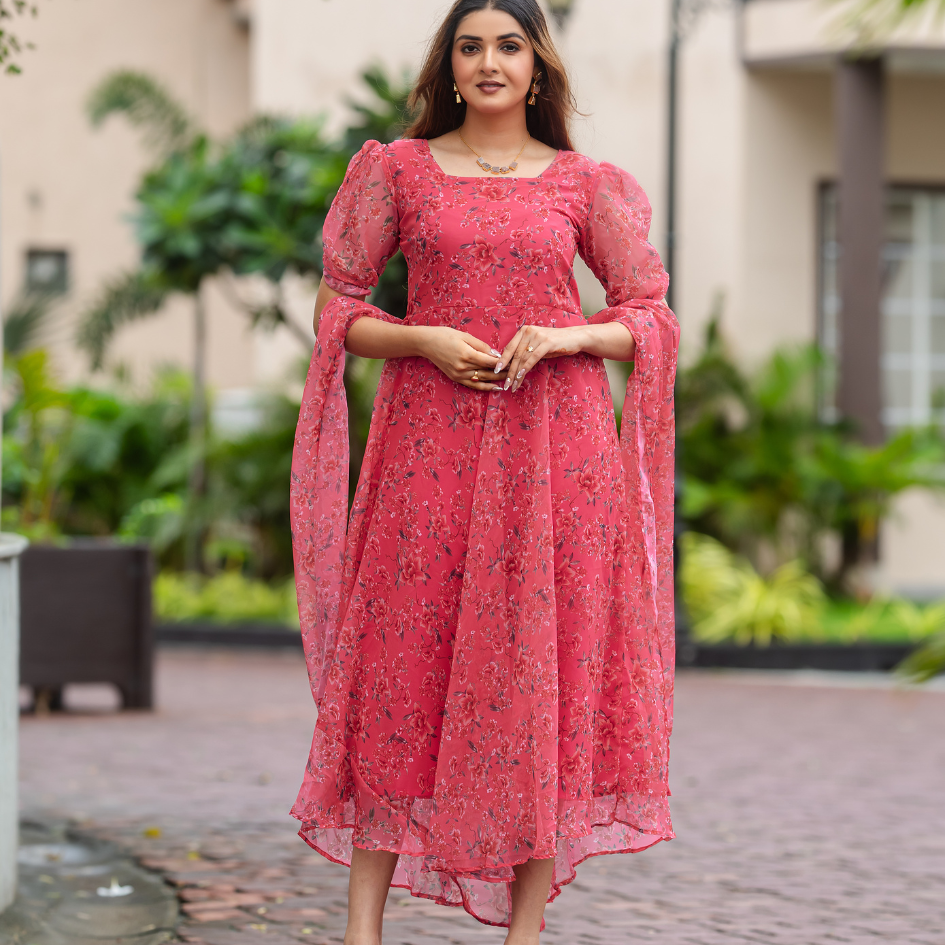 Floral Pink A-Line Dress with Puff Sleeves - Main Image