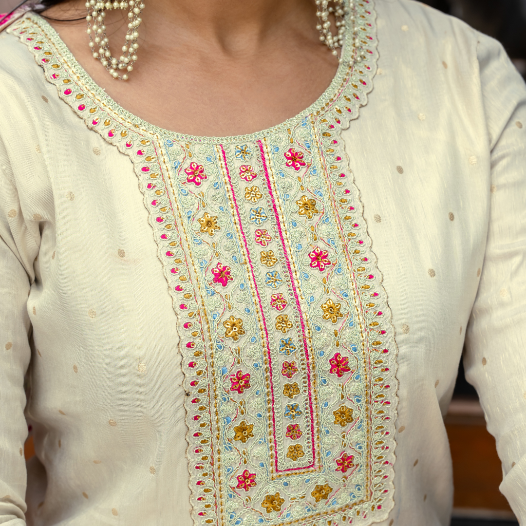 Ivory Embroidered Kurta Set with Pink Dupatta