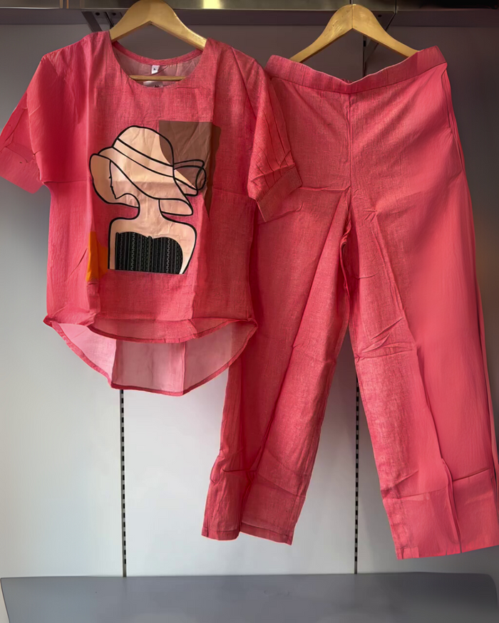 Aneesha Co-ord Set – Coral Pink Linen Blend with Abstract Lady Print