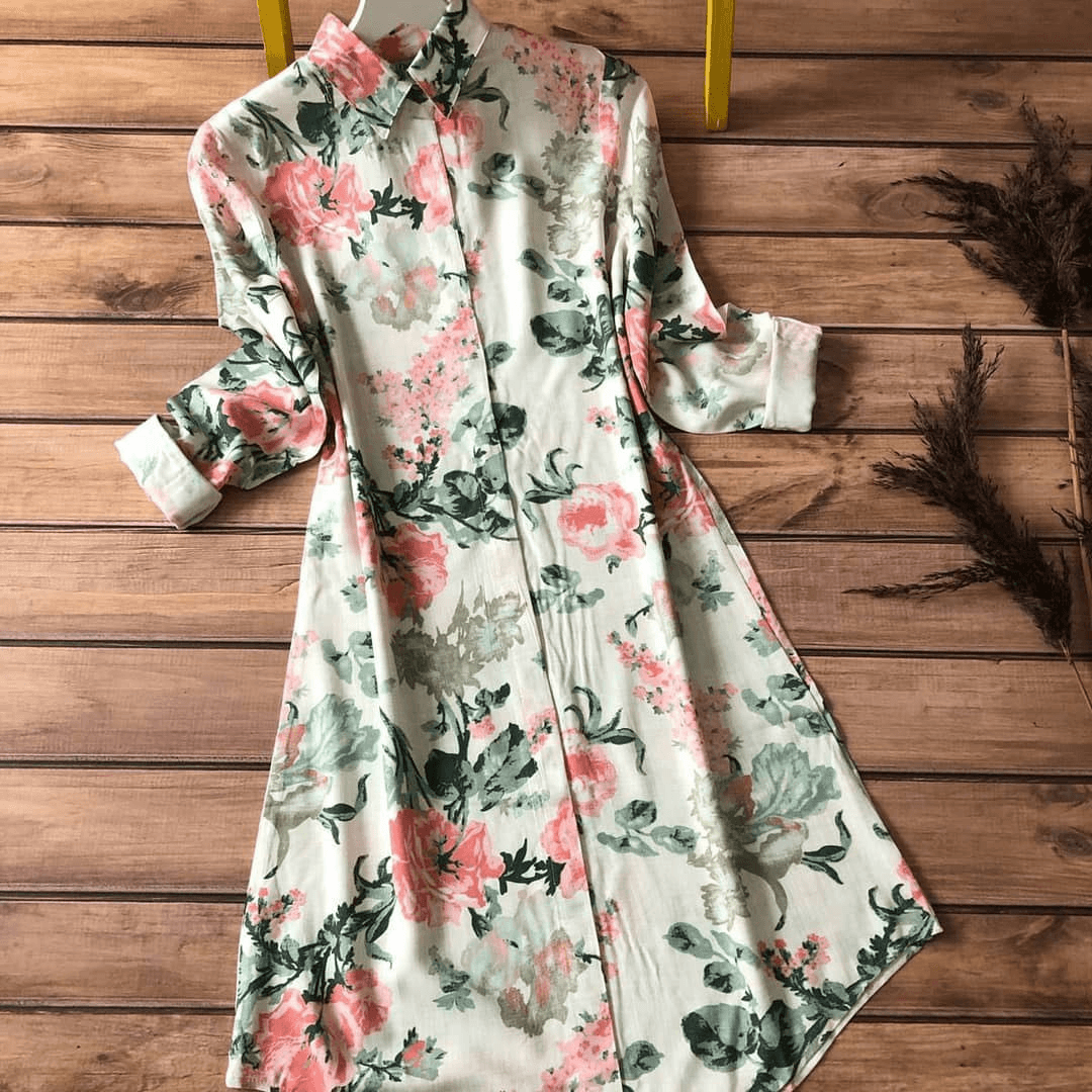 Annabel Pink Flowers Print Reyon Kurti with Imported Lycra Top