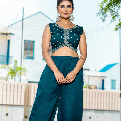 Midnight Rama Green Embellished Crop Top and Palazzo Set