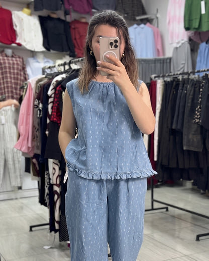 Aroha - Sky Blue Printed Ruffle Hem Co-Ord Set