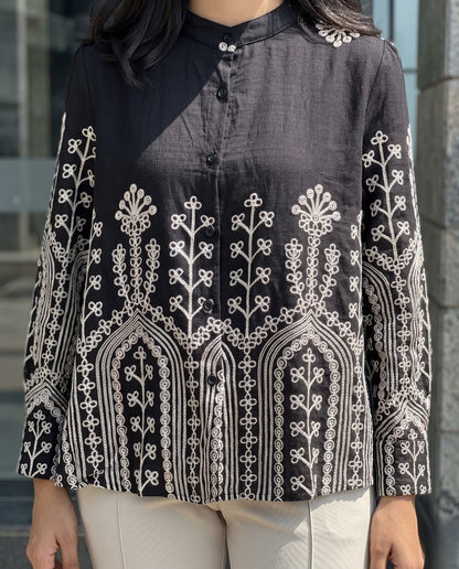 Zivo - Black Chain Embroidered Premium Silk Blend Top With Pant