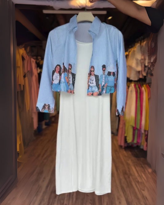 Rhea Twinset – White Maxi Dress with Striped Jacket & Graphic Diva Print