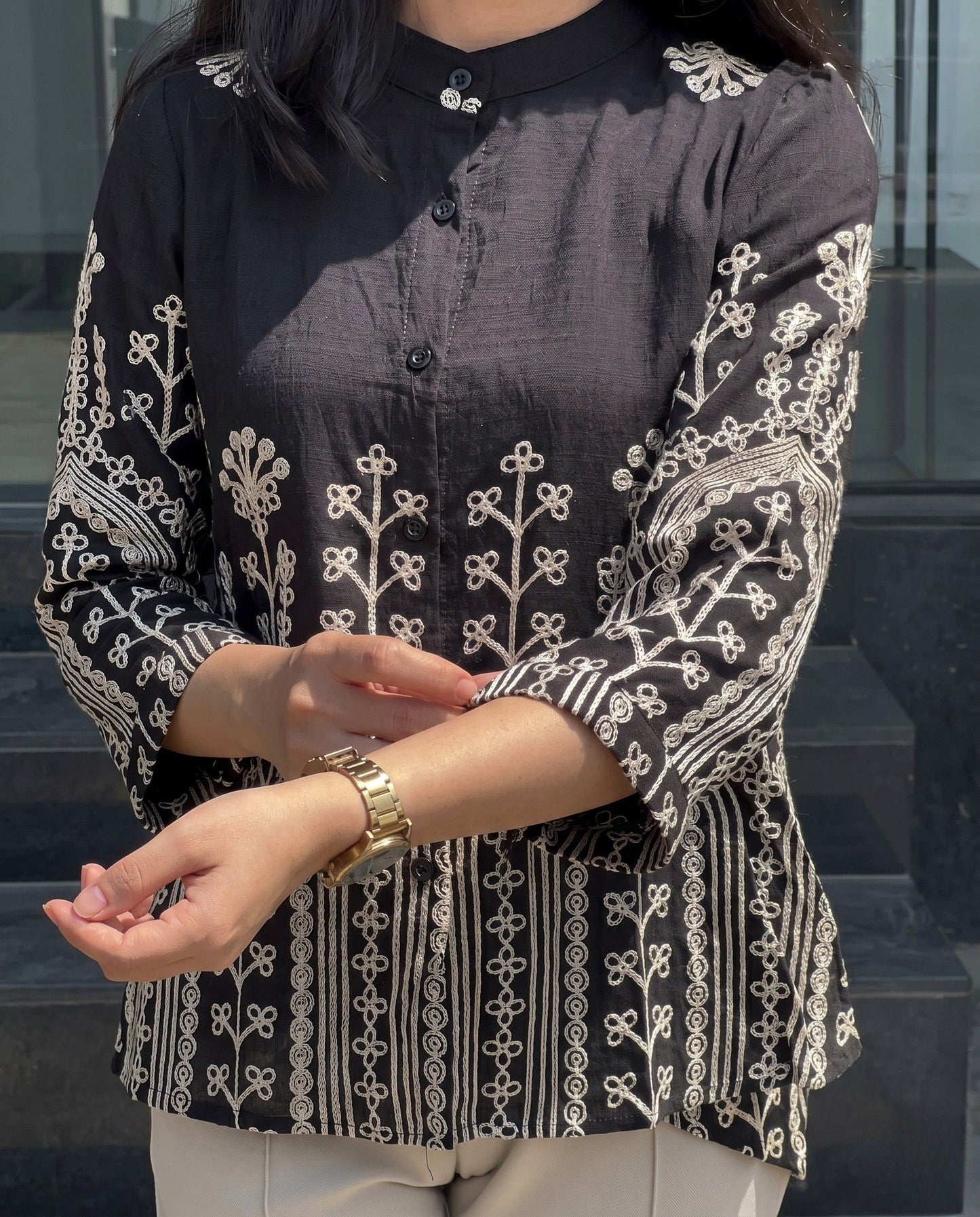 Zivo - Black Chain Embroidered Premium Silk Blend Top With Pant