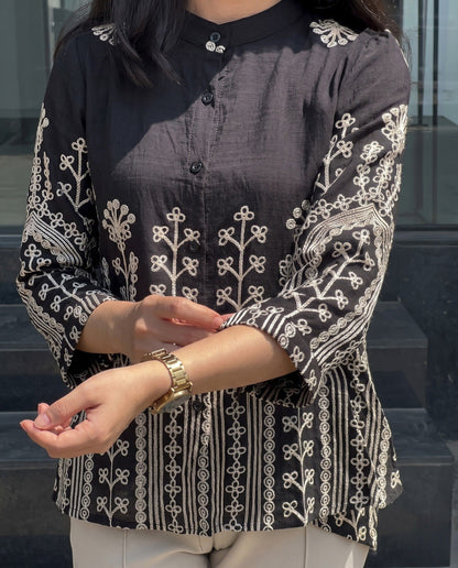 Zivo - Black Chain Embroidered Premium Silk Blend Top With Pant