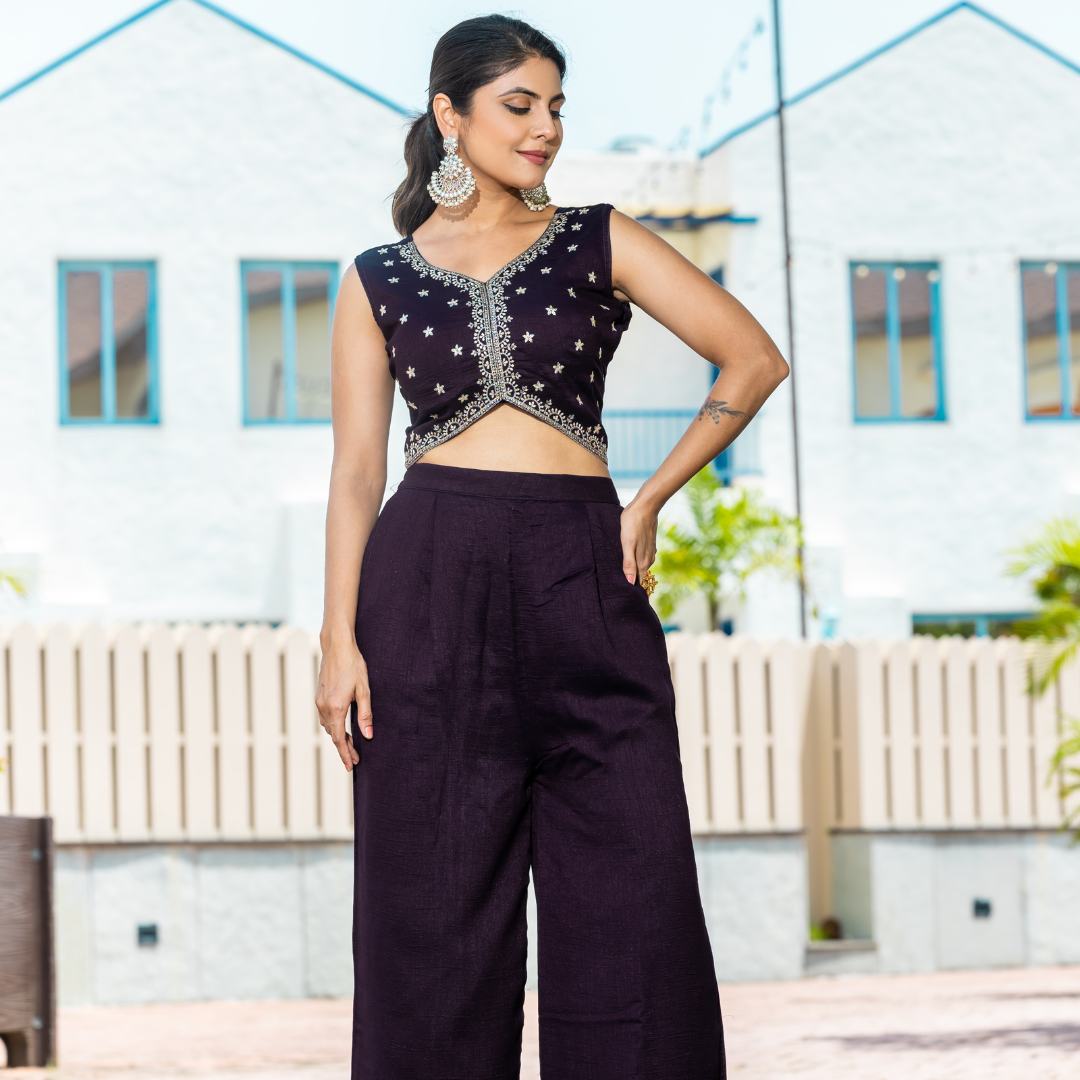 Midnight Wine Embellished Crop Top and Palazzo Set