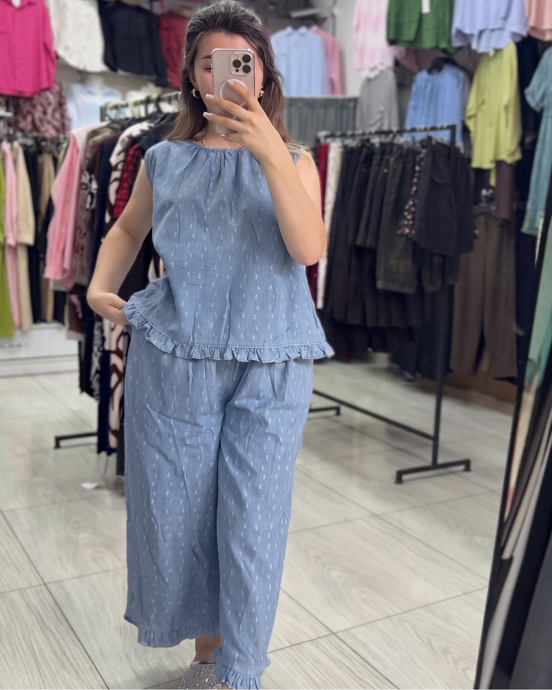 Aroha - Sky Blue Printed Ruffle Hem Co-Ord Set