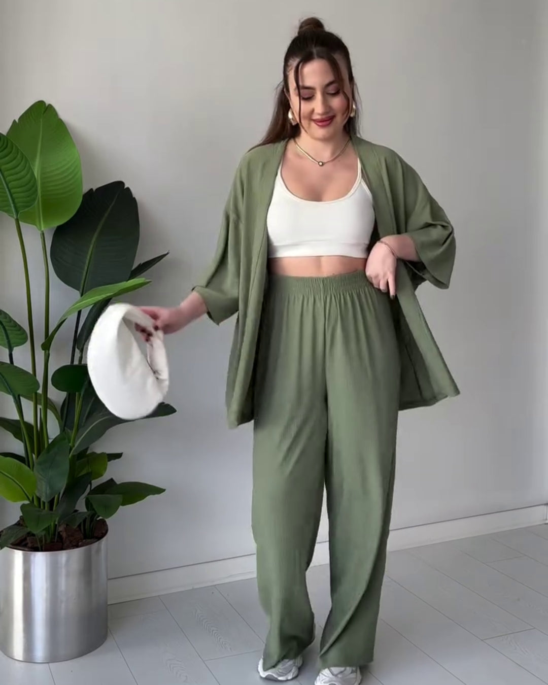 Amora - Olive Green Breezy Kimono Palazzo Co-Ord Set