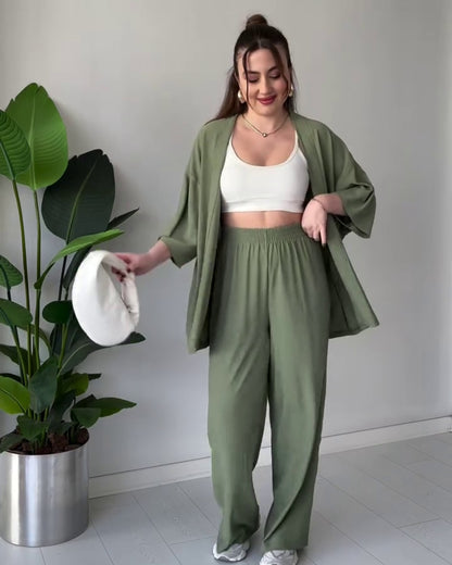 Amora - Olive Green Breezy Kimono Palazzo Co-Ord Set