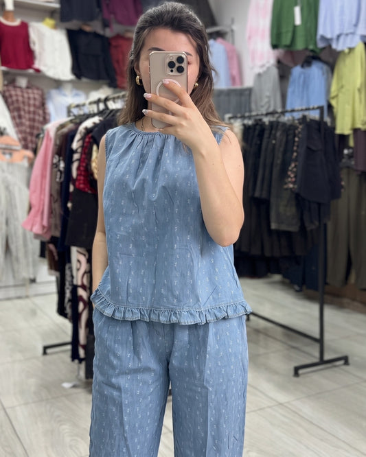 Aroha - Sky Blue Printed Ruffle Hem Co-Ord Set