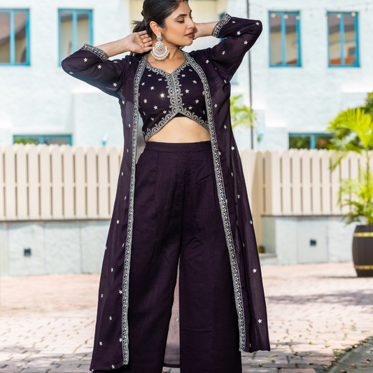 Midnight Wine Embellished Crop Top and Palazzo Set