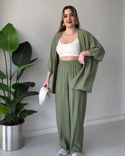 Amora - Olive Green Breezy Kimono Palazzo Co-Ord Set