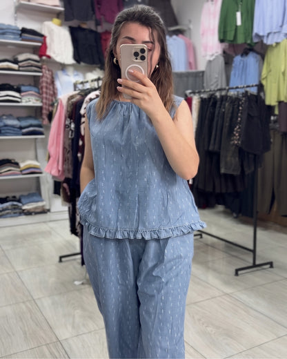 Aroha - Sky Blue Printed Ruffle Hem Co-Ord Set