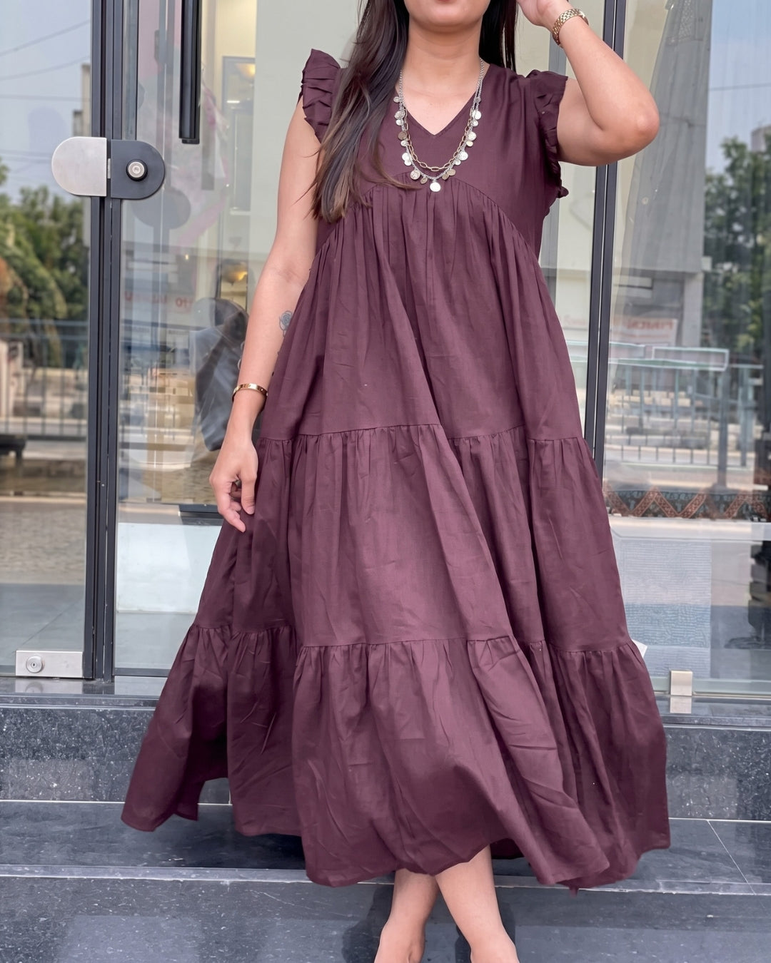 Alina - Brown Ruffle Charm Dress