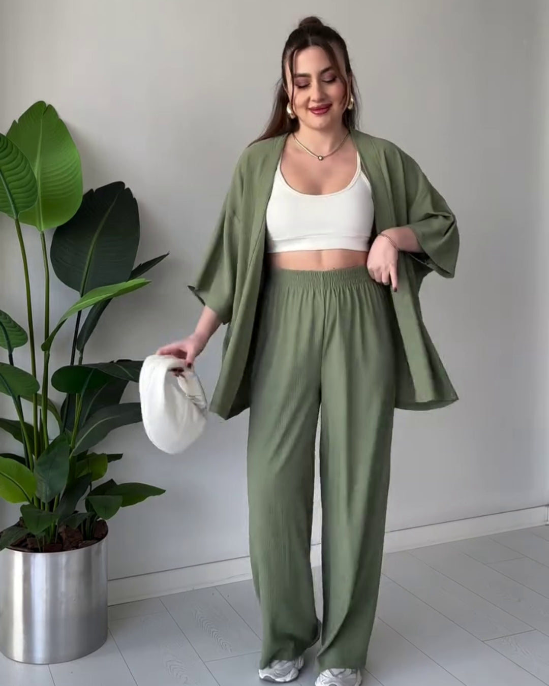 Amora - Olive Green Breezy Kimono Palazzo Co-Ord Set