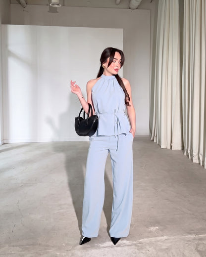 Amaya - Blue Luxe Halter Neck Trouser Co-Ord Set