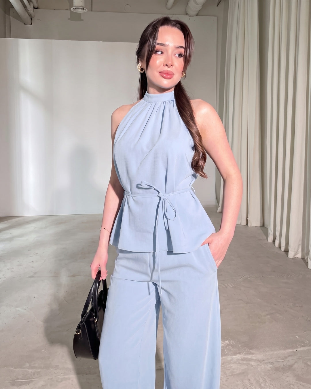 Amaya - Blue Luxe Halter Neck Trouser Co-Ord Set