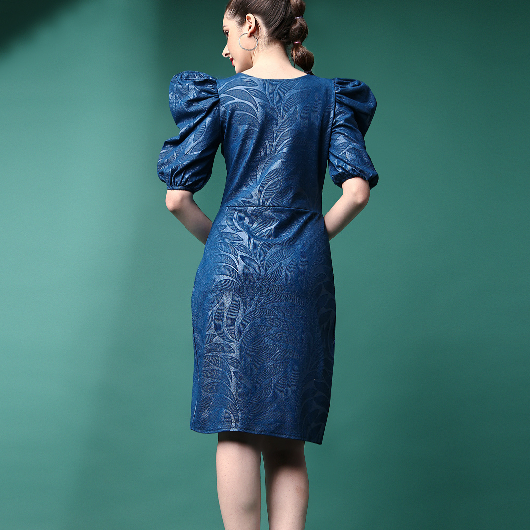 Faux Blue Leather Puff Sleeve Wrap Dress