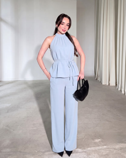 Amaya - Blue Luxe Halter Neck Trouser Co-Ord Set