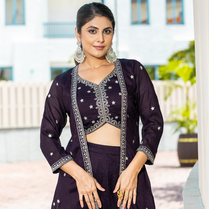 Midnight Wine Embellished Crop Top and Palazzo Set