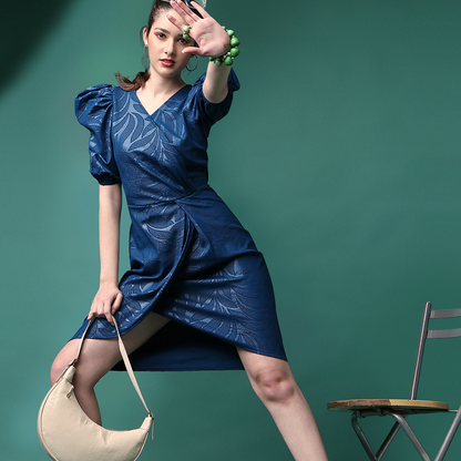 Faux Blue Leather Puff Sleeve Wrap Dress