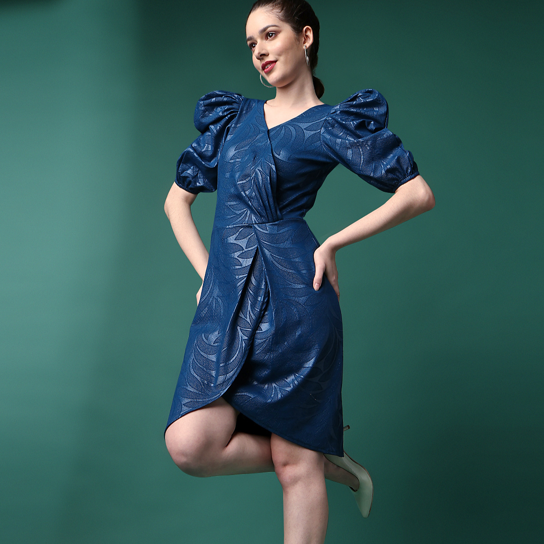 Faux Blue Leather Puff Sleeve Wrap Dress