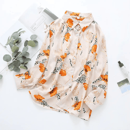 Elegant Orange Botanical Print Button-Up Top