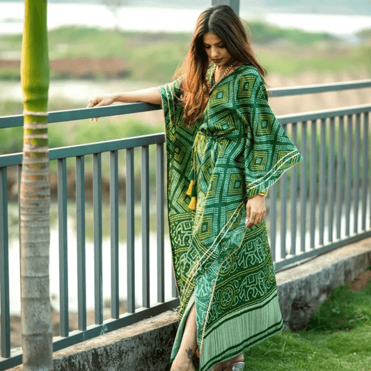 Color Green Bandhani Print Wonder Satin Kaftan