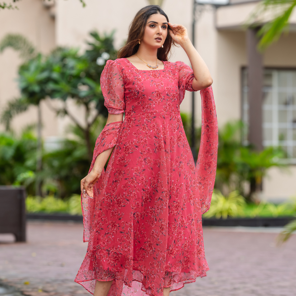 Floral Pink A-Line Dress with Puff Sleeves