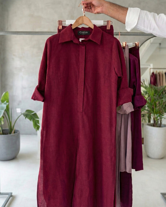 Auralis – Wine Cotton Co-ord Set with Hand Print - Wine