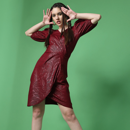 Faux Maroon Leather Puff Sleeve Wrap Dress