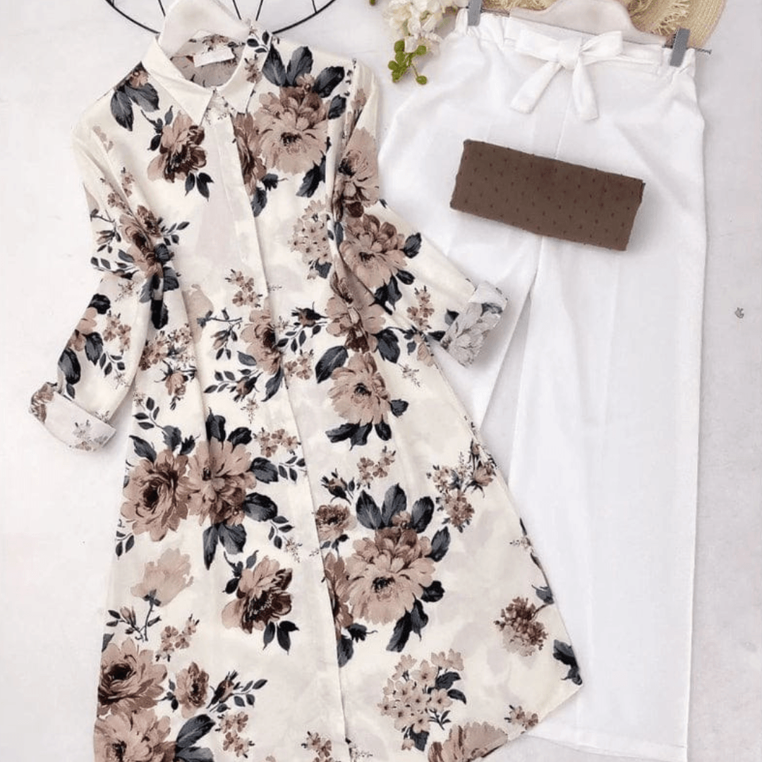 Blossam White And Brown Flowers Kurti with Imported Lycra Plazzo Set