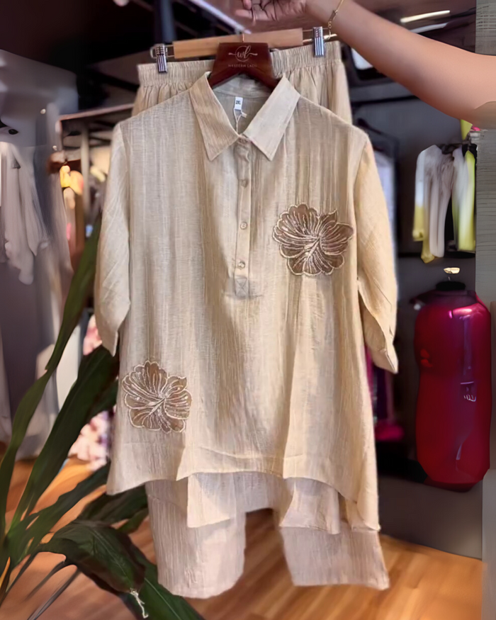 Miraana - Beige Twin Set in Chanderi Silk
