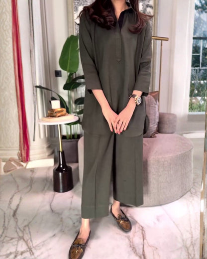 Mira – Deep Olive Cotton Co-ord Set with Plain Finish